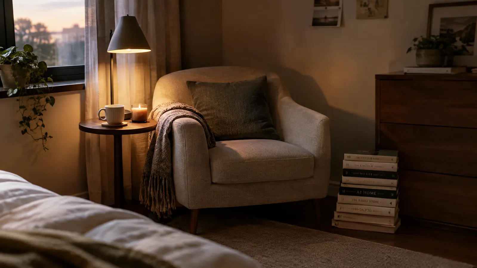 A reading nook in a corner of a bedroom with a stack of library books beside an armchair